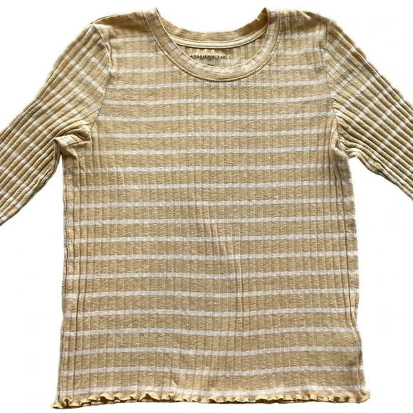 American Eagle Tan Ribbed Striped Semi-Cropped Long Sleeve Tee- Size Small - Picture 4 of 7